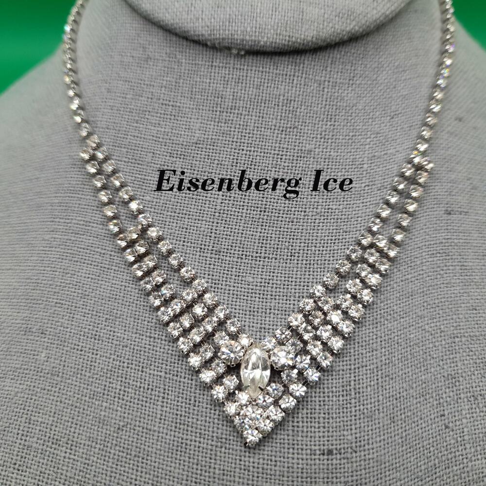 Eisenberg Ice Clear Rhinestone Necklace, Mid-Century Rhodium Plated, 1960s